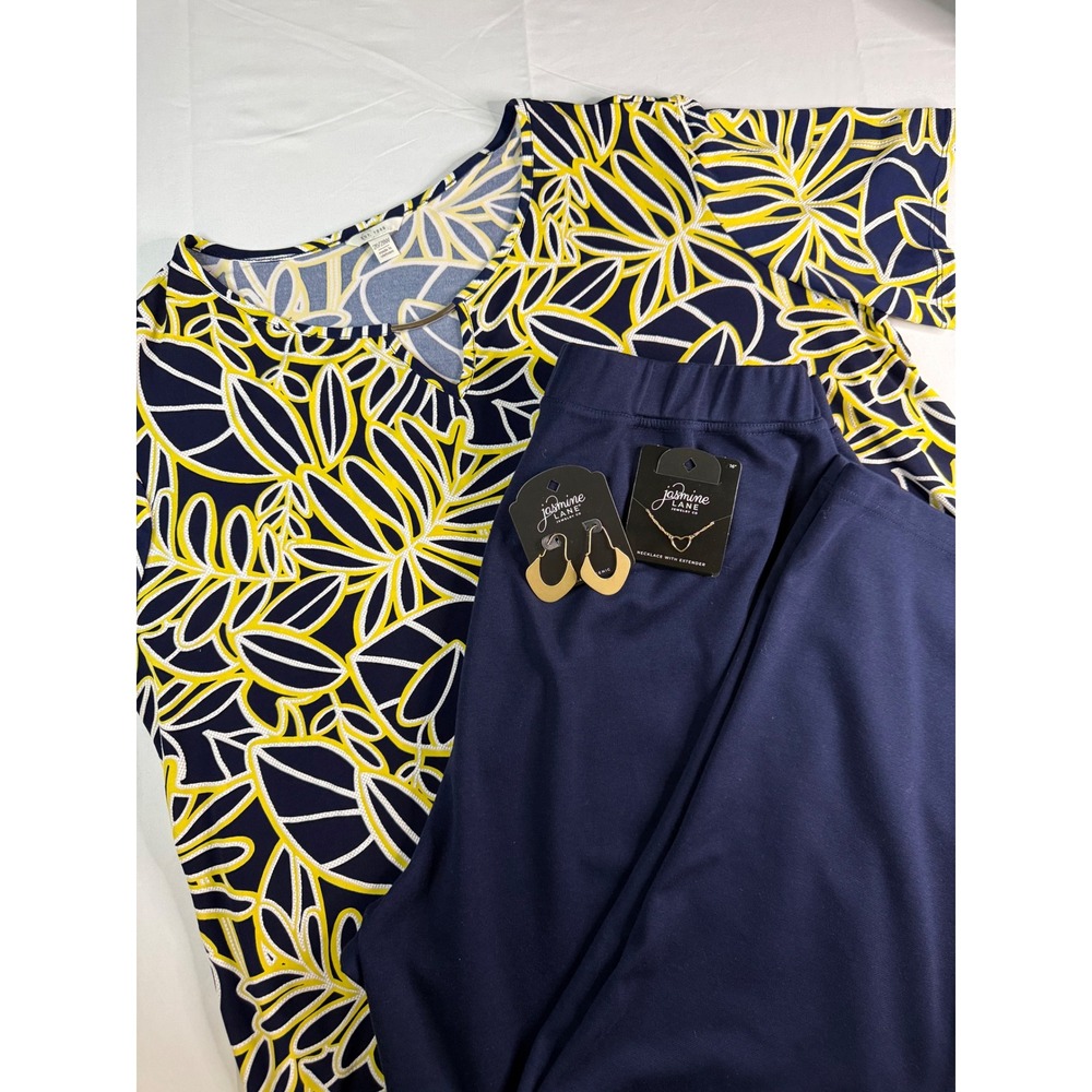 Est. 1946 Plus Size 26/28W Navy Yellow Leaf Tunic Pants Jewelry Bundle 4pc Set